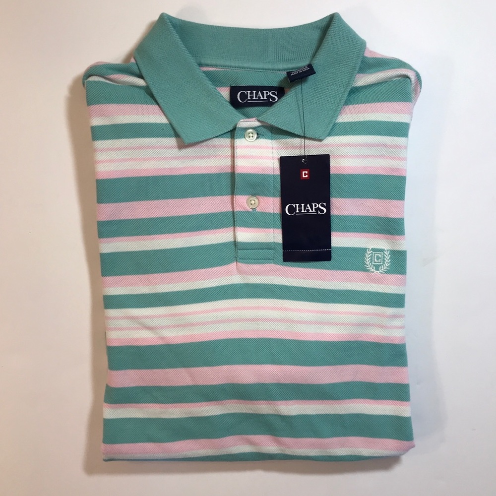 Chaps Men’s Polo Shirt Sz Medium Teal White Pink